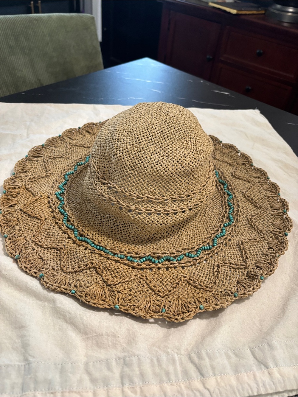 Talbots Tan Woven Sun Hat with Turquoise Trim